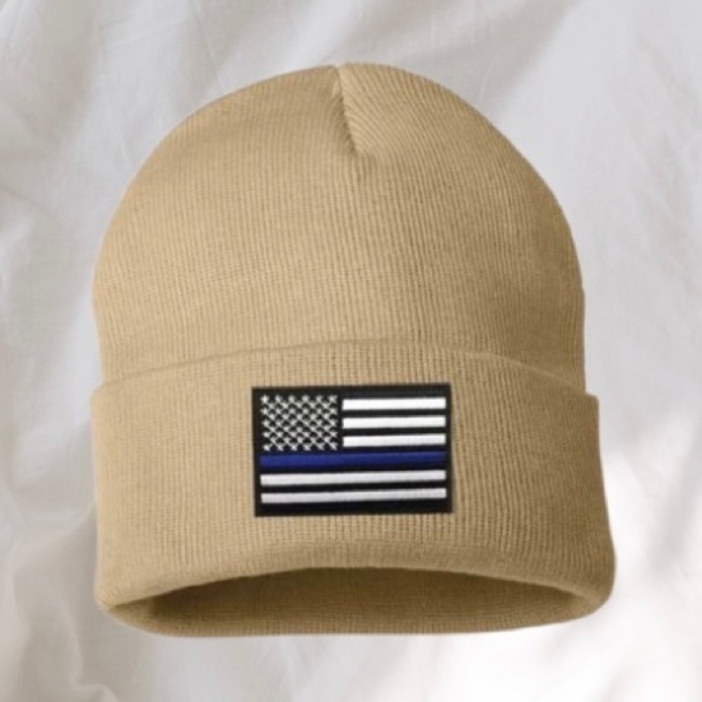 Thin Blue Line Embroidered Flag Tan Beanie